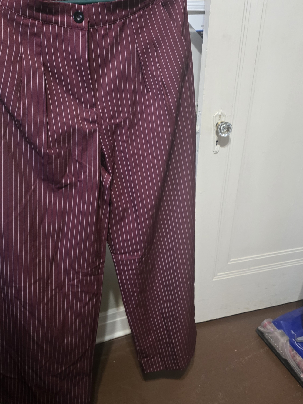 Alara Woman's Burgundy Pinstripe Dress Pants with White Stripes